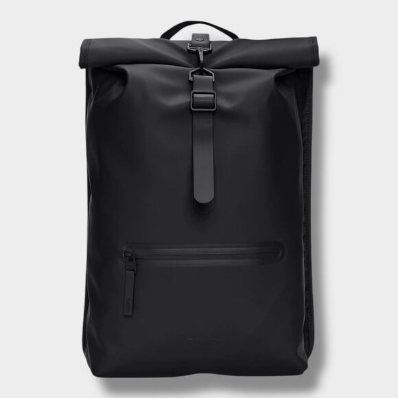 RAINS Rolltop Rucksack W3 Backpack Black Waterproof Laptop - Picture 2 of 8